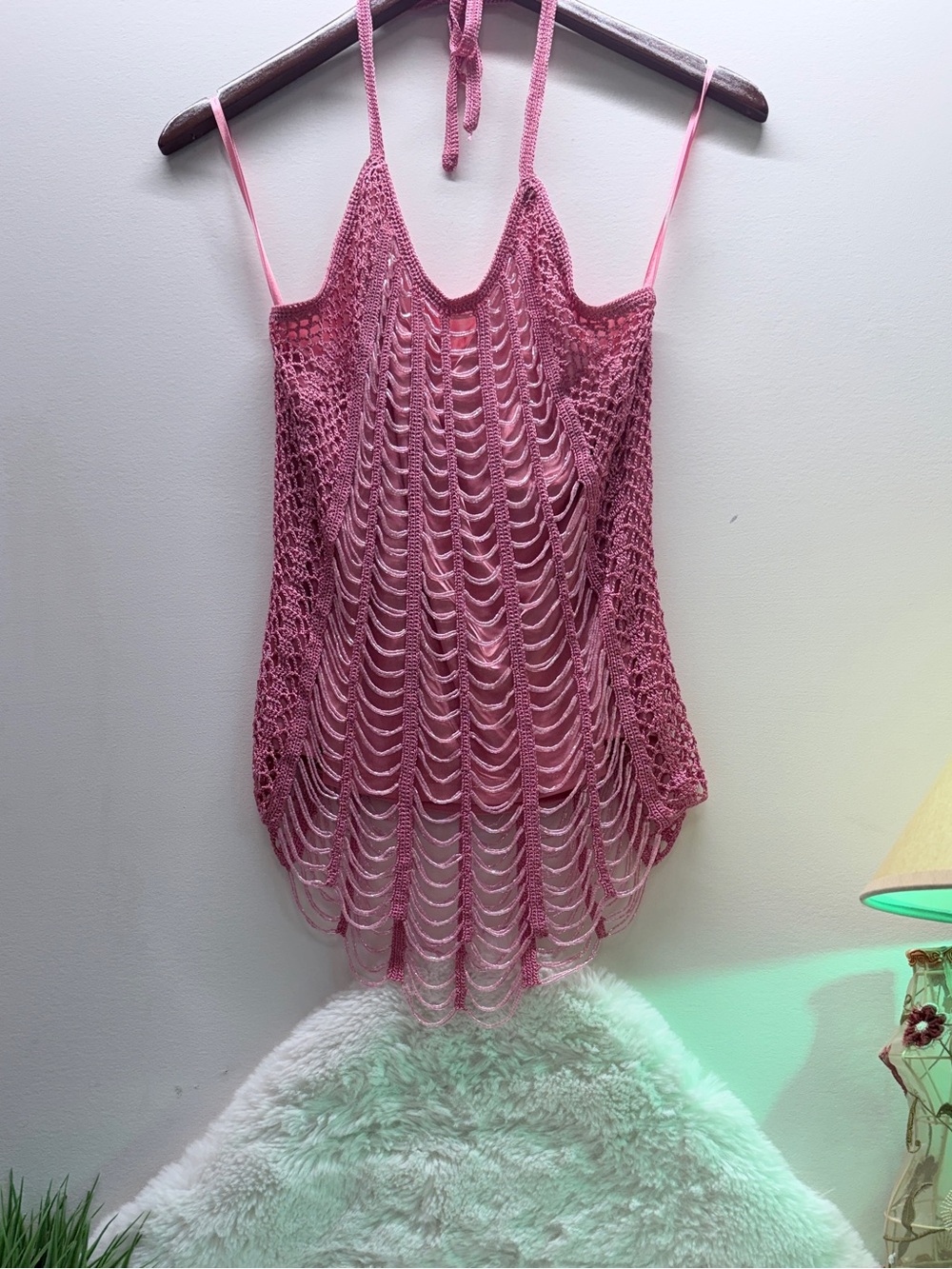 Le Chateau Vintage Pink Ultra Beaded Halter Knit Tank Party Summer Top 💝 NWT
